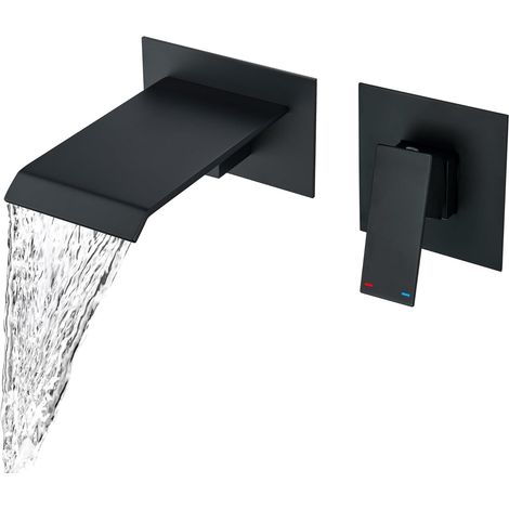 Robinet Mitigeur Murale Lavabo Mélangeur Salle de Bain avec Cascade Bec Extra-large Robinet Encastré Une Poignée Noir (1/5)