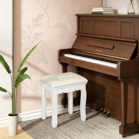 Tabouret Coiffeuse Rembourré Siège en Velours Blanc Tabouret de Maquillage et Piano Pieds en Bois Charge 135 kg 38x28,5x45 cm (1/5)