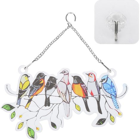 Birds On A Wire Ornament Glass Window Panel Suncatcher Hangings with Chain Gift for Bird LoversIrregular Plate 21x12cm (1/5)