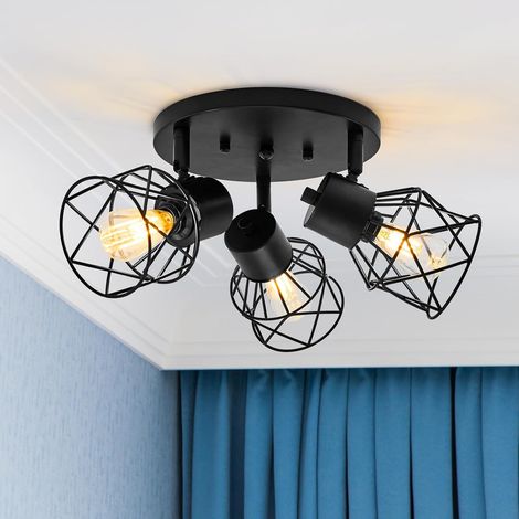 Plafonnier Industriel 3 Spots, Luminaire Cuisine Plafonnier Noir avec Douille E14, Moderne Spots et Rails de Spot Rampe Orientable pour Salon Chambre, LED Spots de Plafond Métal, sans Ampoules (1/5)