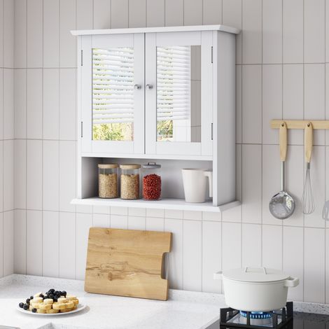 Armadietto bagno con specchio 54.6x19.8x60 cm bianco in MDF e vetro con ripiano regolabile e vano aperto (1/5)