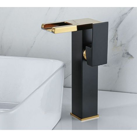 Mitigeur lavabo LED cascade, robinetterie salle de bain noir et doré, finition premium, débit lumineux élégant, moderne, 1 pièce. (1/3)