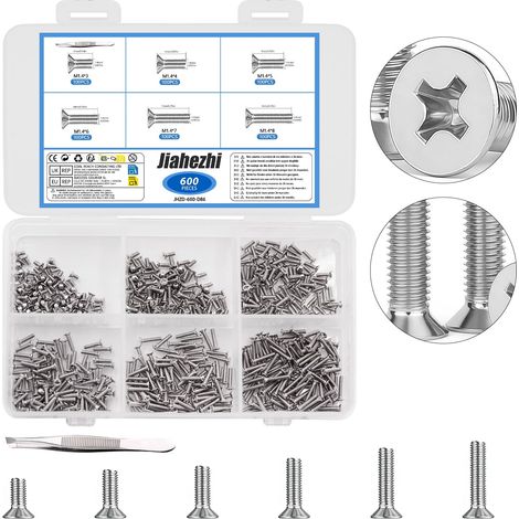 Lot de 600 mini vis à tête fraisée M1,4 x 3/4/5/6/7/8 mm pour montres, ordinateurs, lunettes, argentées (1/5)
