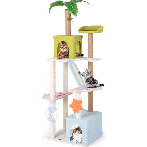 Albero per gatti alto torre a più livelli a tema spiaggia per gatti, Albero per gatti alto 180 cm Verde+Blu+Bianco (1/3)