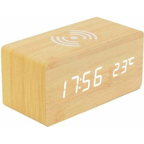 Réveil thermomètre numérique, réveil numérique en bois, réveil numérique LED en bois avec fonction de chargement sans fil, réveil en bois avec chargeur à induction, chargeur sans fil pour chambre/bure