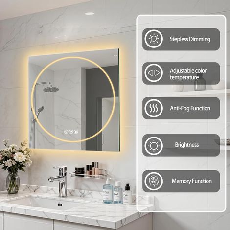 70x70 cm Specchio Bagno con Luce Led con Antiappannamento Dimmerabile 3 Colori Luce Memoria