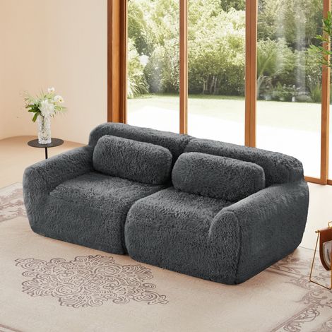 Divano a 2 posti - 204x104x73 cm - modulabile e combinabile a piacere - con cuscini - tessuto peluche - grigio