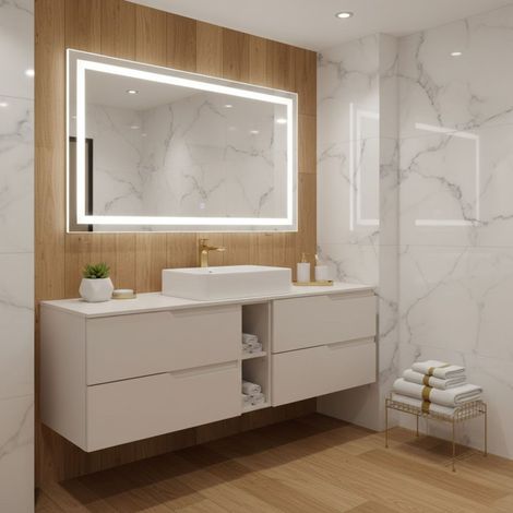 Meuble de salle de bain suspendu 140 cm, beige, plan de toilette, 4 tiroirs, étagère intégrée, sans vasque – MODERN (1/5)