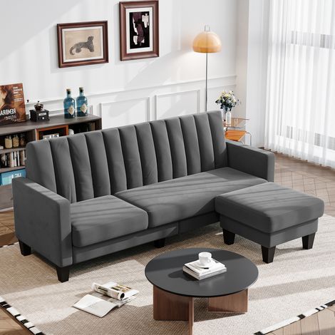 Divano angolare reversibile a 3 posti in velluto, divano scandinavo con poggiapiedi rimovibile per soggiorno, 208 x 140 x 85 cm, grigio (1/5)