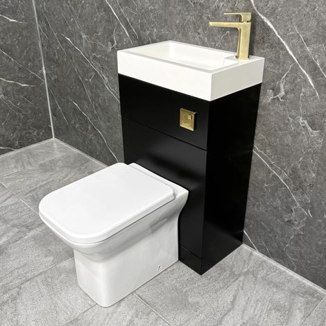 Bathroom Combination Unit Black 2 in 1 Toilet with Basin 500mm Brass Button, With Tap (1/5)