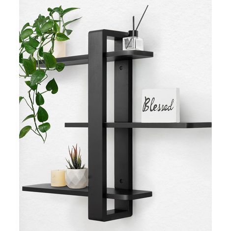 Étagère Murale Noire, Étagères Flottantes, Étagère Suspendue Plus Grande, Étagères Décoratives Pratiques à Trois Niveaux en Bois Massif pour Salon Chambre, Planches Amovibles, 50x58cm (1/5)