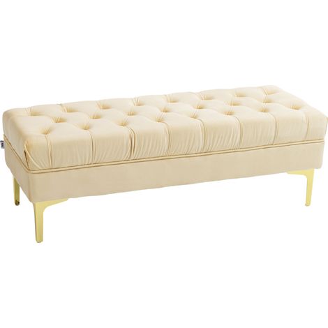 Bout de lit capitonné velours beige, banquette classique chic, piètement métal doré, dim. 118 x 45 x 42 cm. (1/5)