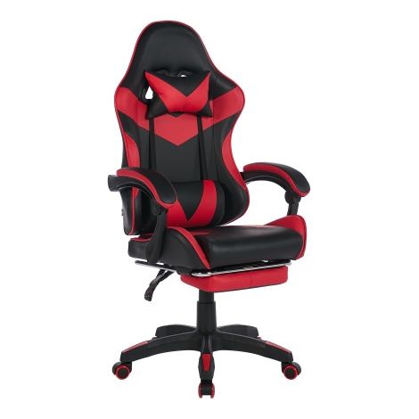 Fauteuil de bureau ergonomique  Chaise de gaming pivotante avec repose-pieds, appui-tête et soutien lombaire – En cuir,Noir +Rouge (1/5)