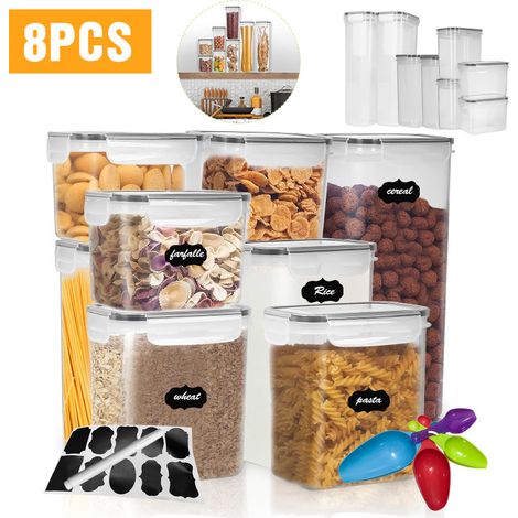 SWANEW Grandi barattoli di stoccaggio Set di 8 barattoli di cereali Contenitore ermetico da cucina in plastica con coperchio Grandi barattoli di stoccaggio per la conservazione di pasta cereali (1/5)
