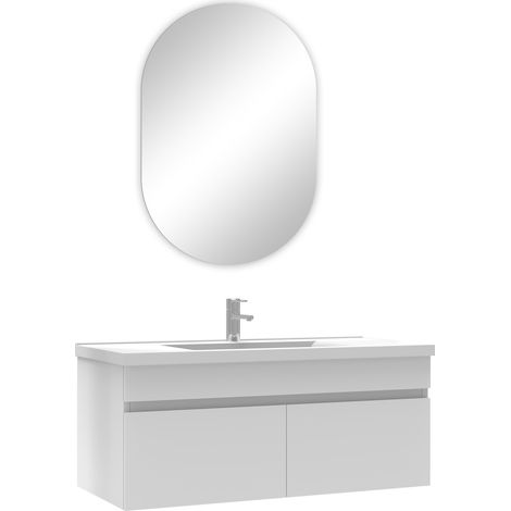Acezanble ensemble meubles Salle de Bain simple vasque 100cm + miroir ovale Blanc