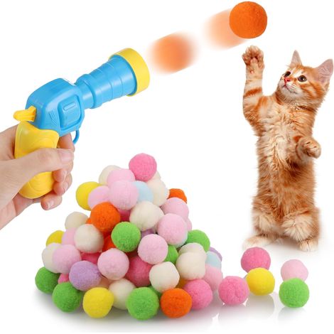 100pcs Balles de Jouet Chat pour Interieur Interactivité avec Lanceur,Peluche Balle Jouet Outils de Tir pour la Formation Sportive de Chat d'intérieur pour Animaux de Compagnie,Poursuite (1/5)