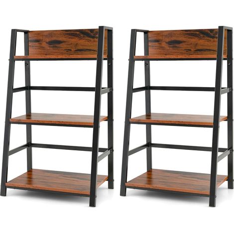 COSTWAY Lot de 2 Bibliothèque Industrielle à 3 Niveaux 54x34x90CM, Etagère Echelle en Bois Polyvalente Dispositif Anti-basculement et Cadre en Métal pour Salon Bureau Chambra (1/5)