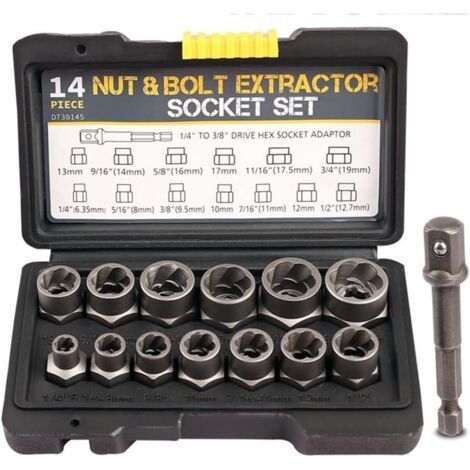 3/8” Drive Impact Bolt Nut Extractor Set, 13 Pcs Lug Nut Remover Kit 1/4”-3/4” Twist Socket Tool Set with a 1/4” Hex Drive to 3/8” Socket Adapter (1/5)