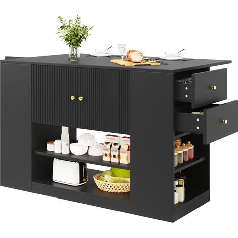 Îlot de cuisine noir avec plateau rabattable, rangements, tiroirs et étagères, meuble multifonction pratique pour cuisine et salle à manger, MDF – CHICFURN