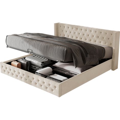 Lit rembourré en forme d’oreiller, velours à double rangée de rivets, boutonnières cousues, lit double 140190 avec fonction hydraulique, cadre de lit non tissé imperméable, noir et beige