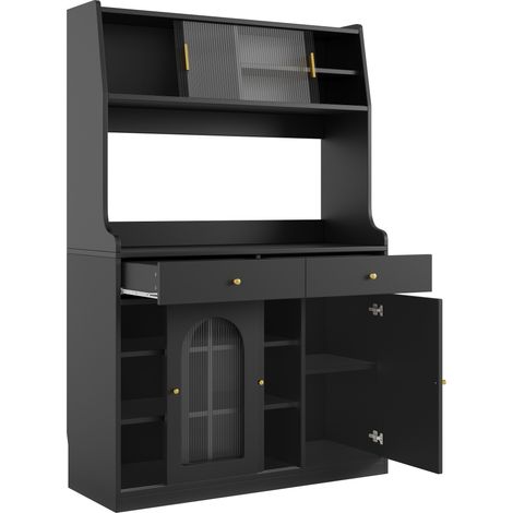Buffet noir avec éclairage LED modulable, 2 tiroirs et étagères réglables, 120x40x180 cm (1/5)