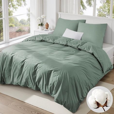 Housse de Couette 155x220 cm, 100% Coton 200 TC, Douce, Respirante, Zip, Vert Sauge – 1 Housse 155x220 cm + 1 Taie 80x80 cm (1/5)