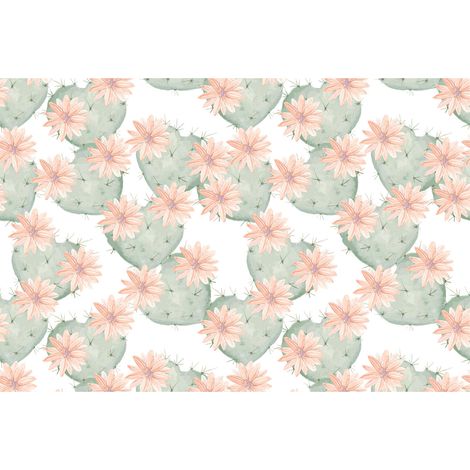 Papier peint panoramique floral blanc, rose & vert | Tapisserie panoramique fleurie avec cactus chambre fille | Papier peint panoramique idéal cuisine - 267 x 400 cm (4 pièces) (1/2)