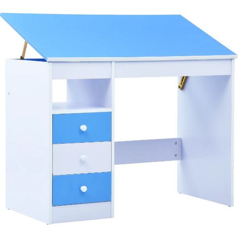 Bureau enfant inclinable 3 tiroirs bois bleu et blanc Sunny (1/5)