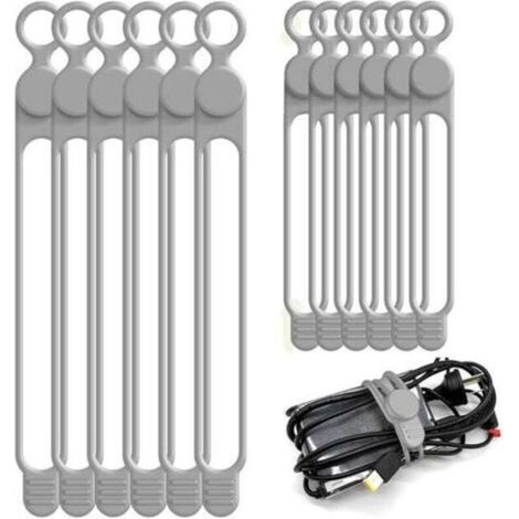 ALLIANDISLot de 12 serre-câbles en silicone (10 cm et 18 cm) - Réutilisables - Pour la maison, le bureau, la cuisine, l'école et les voyages - Gris (1/4)