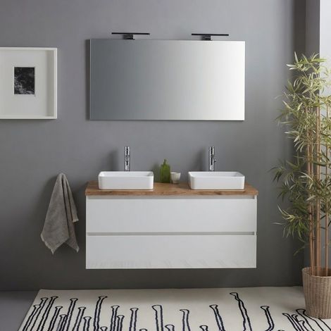 Mobile Bagno Sospeso 120Cm Bianco Lucido Con Top Rovere E Specchio Con Lampade Benaco