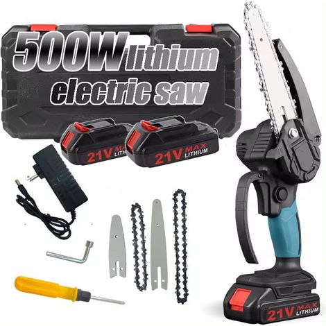 Blocco di sicurezza per mini motosega da 6 pollici, 2 catene, 21 V, ricaricabile, alimentato a batteria, motosega elettrica senza fili (1/4)