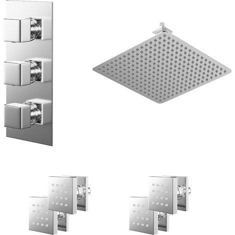 Cubix Polished Chrome Concealed Triple Thermostatic Shower Valve and 400mm Square Head with 150mm Ceiling Arm and 4 Body Jets - 2 Outlet (1/5)