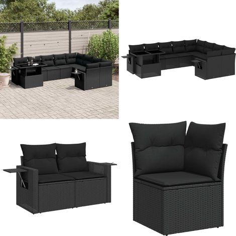 Salon de jardin 10 pcs avec coussins noir résine tressée - Ensemble Salon De Jardin - Meuble Extérieur - Jardin Design - Mobilier Résistant Aux Intempéries - Chaise Longue Pliable - Home & Living (1/5)