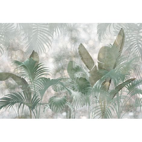 Papier peint panoramique feuilles tropicales vert grisé – Dimensions 368 x 248 cm – Intissé facile à poser – Écologique certifié FSC – Komar (1/3)