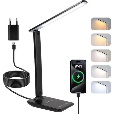 Lampe de Bureau Puissante - 5 Modes de Couleurs et 5 Niveaux de Luminosité Réglables - Rotation sur 3 Axes - Protection des Yeux - Lampe de Lecture avec Port USB (noir-AC) (1/5)