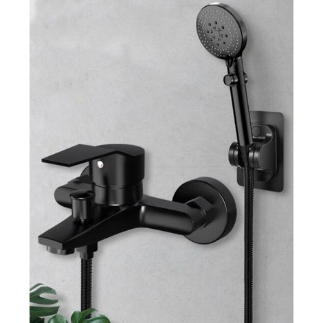 Robinet Baignoire Noir avec Douchette à Main 5 Jets, Mitigeur Douche avec Support et Flexible 1,5m, Robinet Bain Douche Mural en Laiton pour Salle de Bain