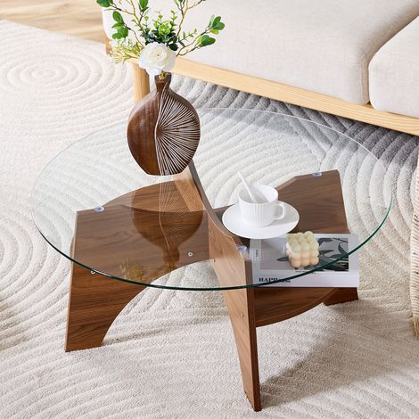 Table basse ronde 80x80x36 cm transparente et noyer, plateau en verre sécurisé, MDF MEUBLIV (1/5)