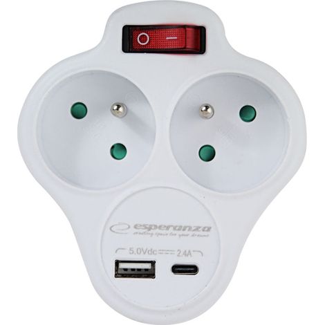 Esperanza Eléctrica. Divisor De Toma 2 Tomas Usb-C Usb-B Interruptor Blanco