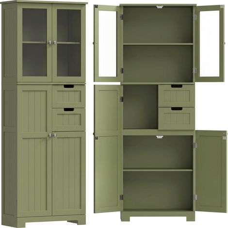 Armoire de rangement haute avec portes vitrées et étagères réglables pour salle de bain, cuisine, salon, verte (1/5)