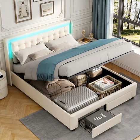 Lit coffre 140x190,lit 140x190 avec sommier à lattes,2 tiroirs,LED,lit double capitonné,lit adulte,lit 2 personnes,tissu en velours,Beige