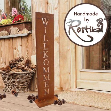 Panneau de Bienvenue Décoratif en Métal Aspect Rouille pour Jardin et Entrée 71 x 15 cm - PANGIVO (1/5)