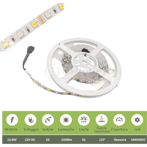 Striscia strip 300 led 12V smd 5050 bobina 5m luce naturale RGB+W adesiva flessibile multicolore + bianco caldo e naturale  RGB + Calda (1/4)
