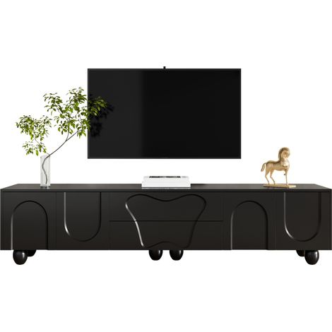 Meuble TV noir de 180 cm avec pieds en bois – Un meuble TV minimaliste et élégant offrant un grand espace de rangement, un design unique et des options de rangement flexibles pour un salon stylé.