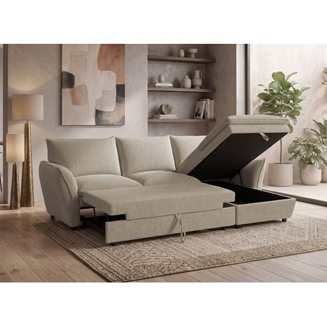 Canapé d'angle convertible avec coffre en tissu taupe CAPUCINE - Angle droit