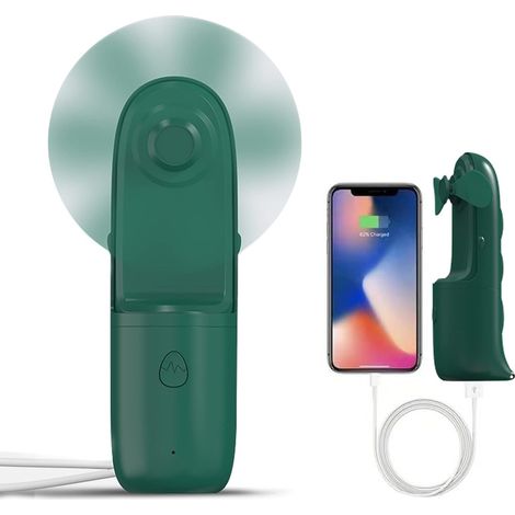 Ventilateur de poche portable rechargeable USB, petit modèle à 3 vitesses avec batterie externe intégrée, mini ventilateur portatif 2 en 1 - Vert-AquaForge (1/5)