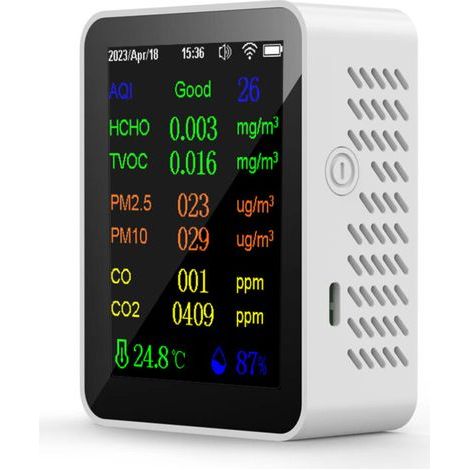 Testeur de qualité de l'air portable 9 en 1, Écran couleur, Détecte PM2.5, PM10, CO, CO2, TVOC, HCHO, AQI, Température et Humidité (1/5)