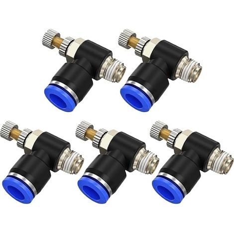 5 Pièces Raccord Pneumatique Coudé, Vanne de Régulation de Débit d'Air à Encastrement 90 Degrés - Tube OD 6mm 8mm avec Filetage 1/8 ou 1/4 (1/5)