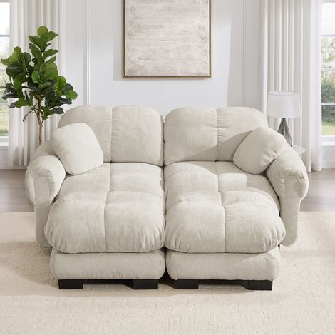 Modulares 2-Sitzer Sofa hellkhaki aus Chenille mit beweglicher Ottomane und Steppdetails (1/5)