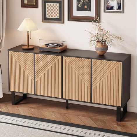 Moderne Kommode 160 x 38 x 75 cm, schwarze und natürliche Holzoberfläche, 2 Pakete, REDOM (1/5)
