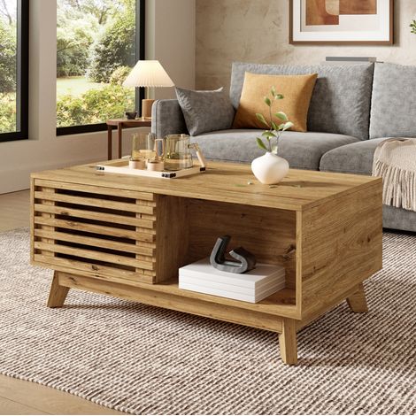 Mesa de centro (90x55x57.5 cm), tablero elevable oculto, puerta corredera tipo persiana, MDF, natural (1/5)